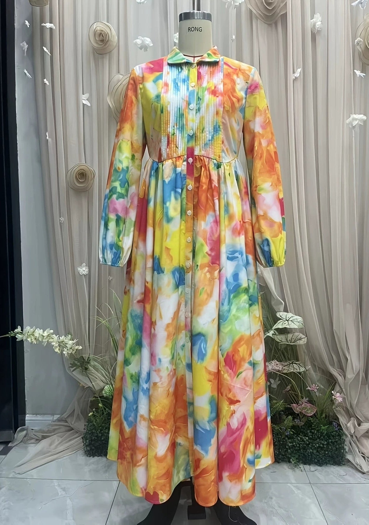 Floral Print Maxi Shirt Dress | Pleated Bib Button-Down Long Dress