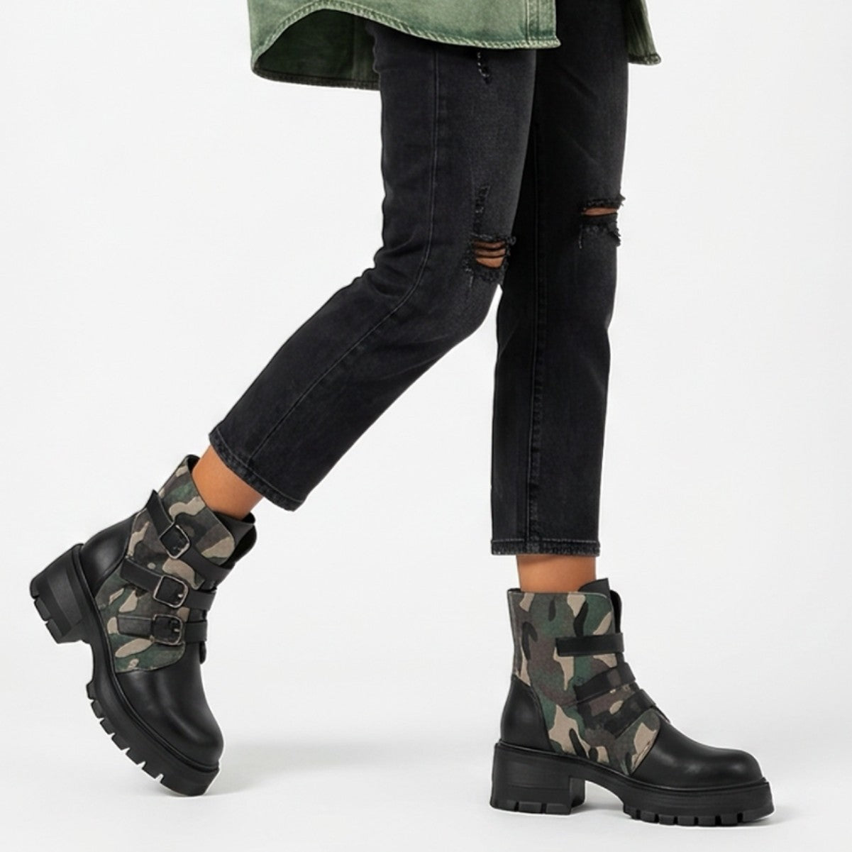 Women's Camouflage Platform Combat Boots | Triple Buckle Chunky Heel
