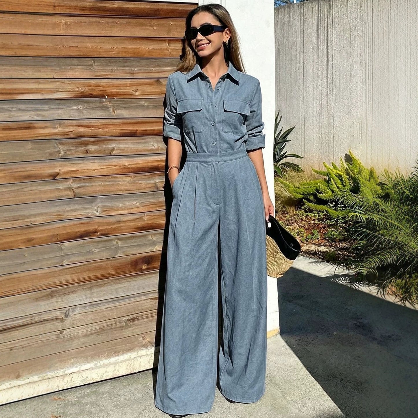 Women's Collar Long Sleeve Jumpsuit – Loose Fit Full Length