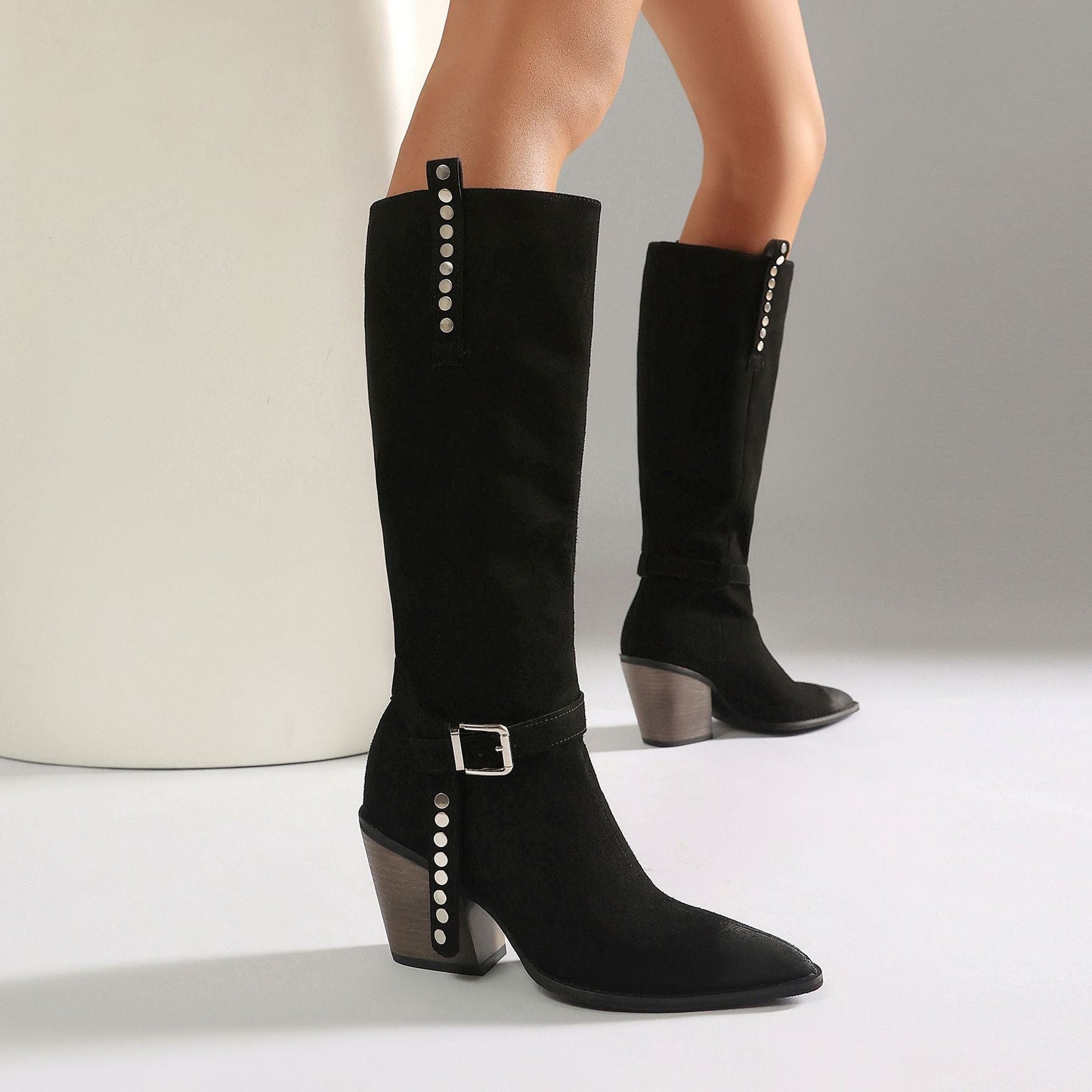 Women's Western Knee-High Boots with Studs | Pointed Toe Chunky Heel & Buckle