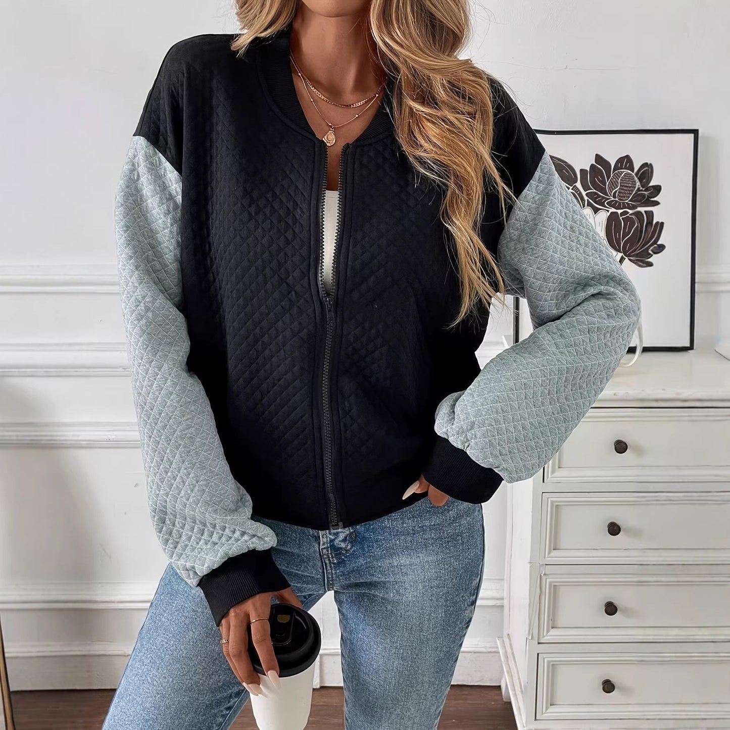 Women’s Color-Blocked Baseball Collar Casual Long-Sleeved Zipper Jacket