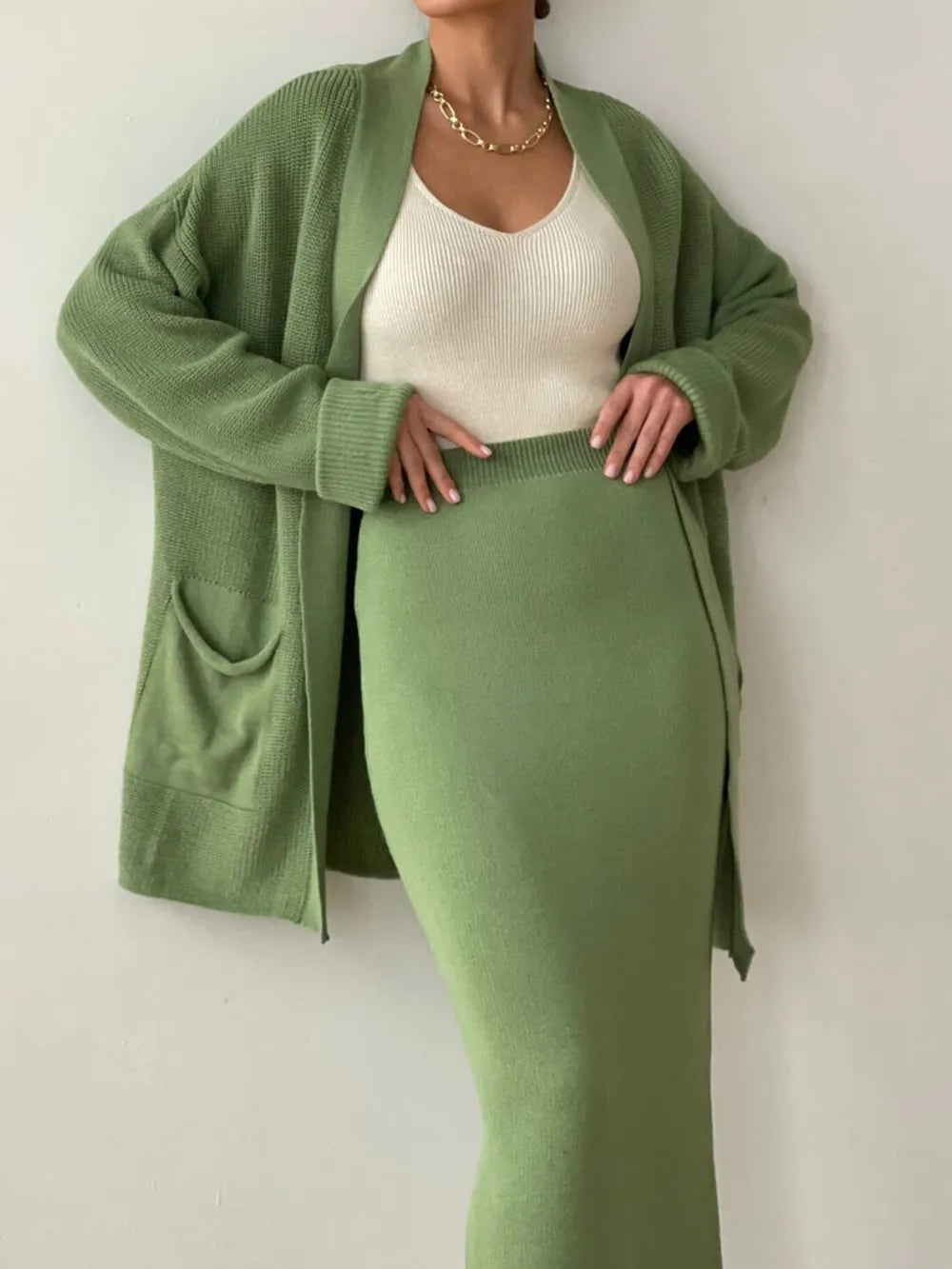 Pocketed Long Sleeve Cardigan and Skirt Sweater Set
