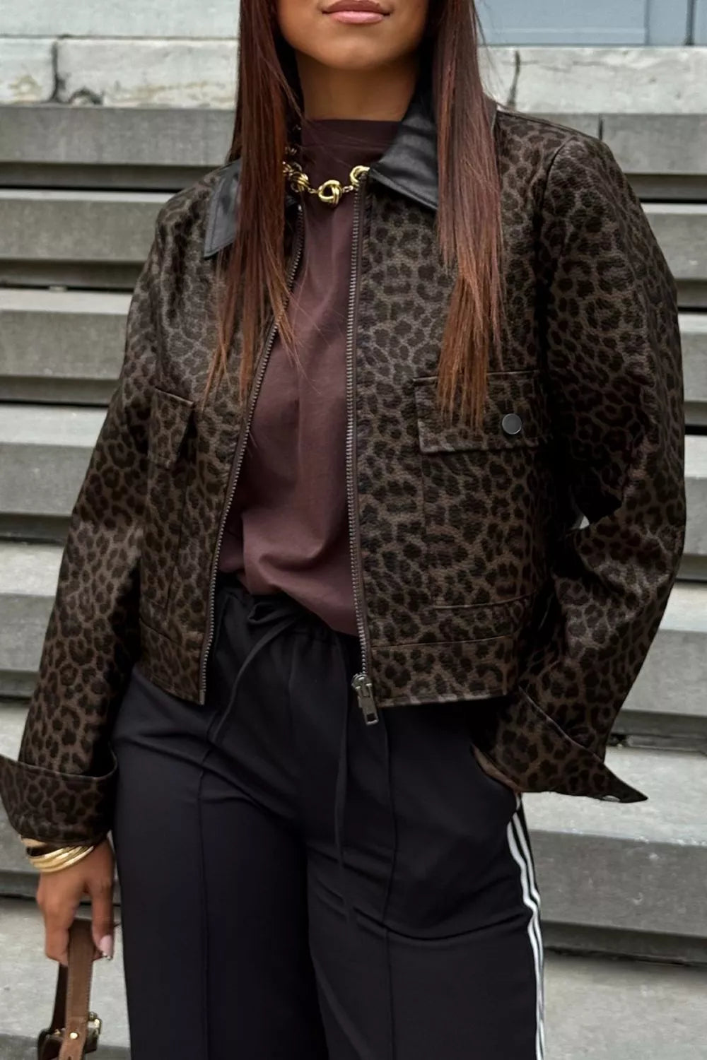 Leopard Print Cropped Faux Leather Jacket with Utility Pockets