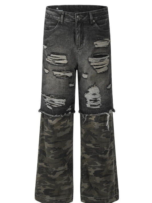 Men's Distressed Camouflage Patchwork Loose Fit Jeans