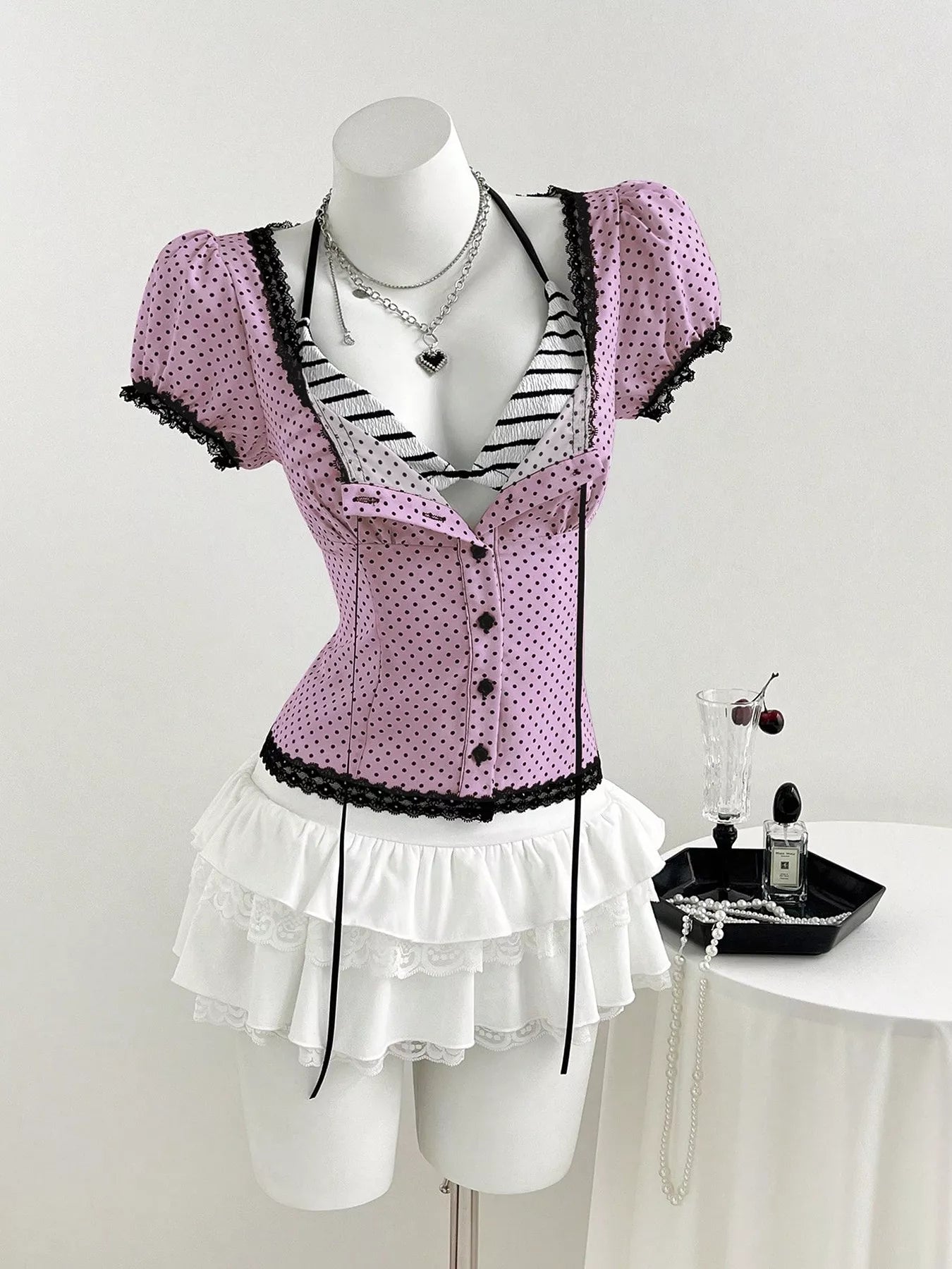 Polka Dot Lace Trim Puff Sleeve Top