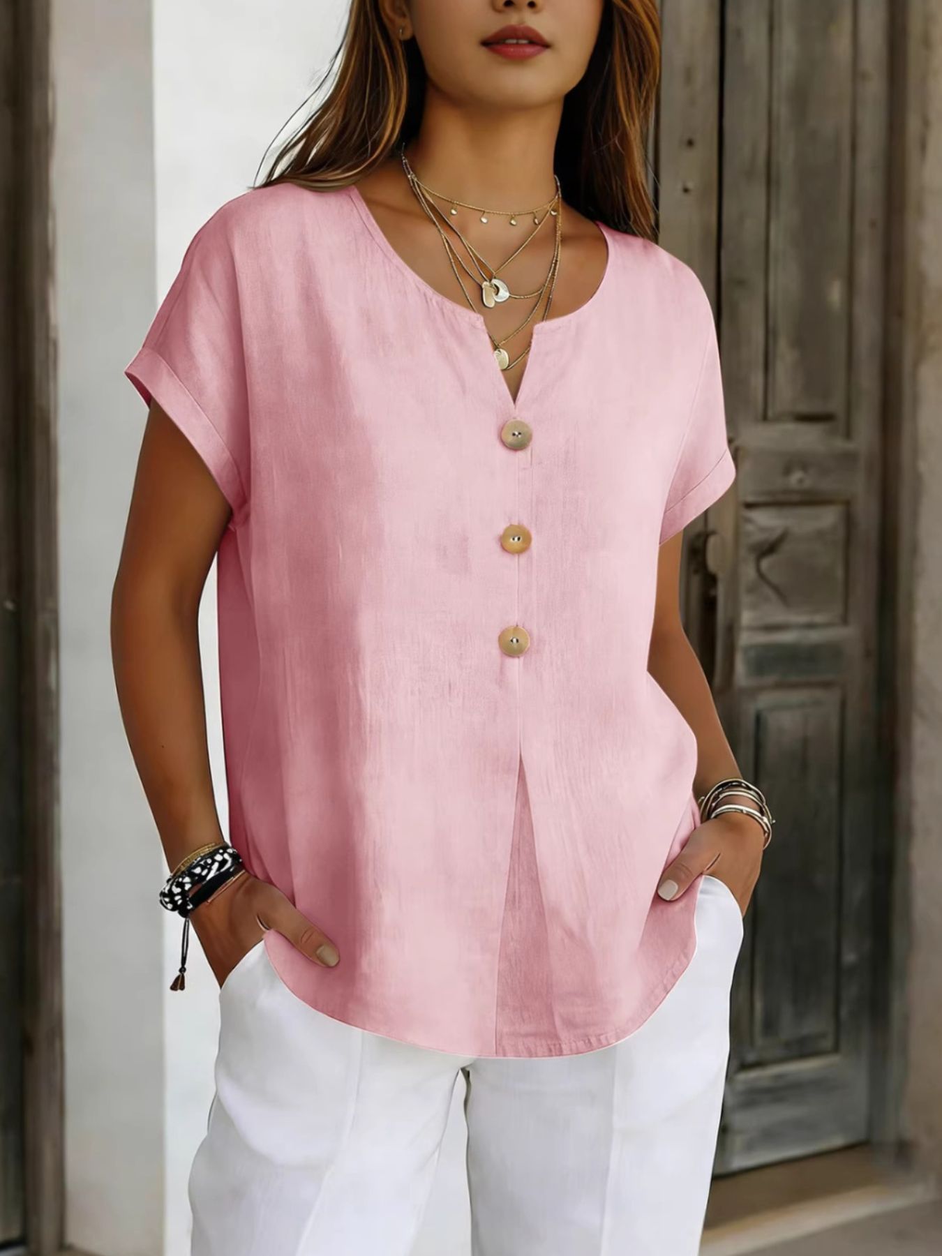 Decor Button Short Sleeve Blouse