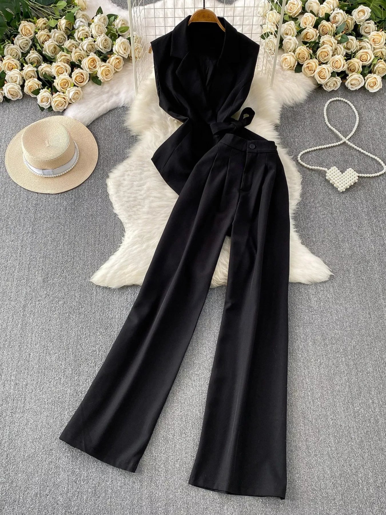 Sleeveless Blazer and Wide-Leg Pants Set