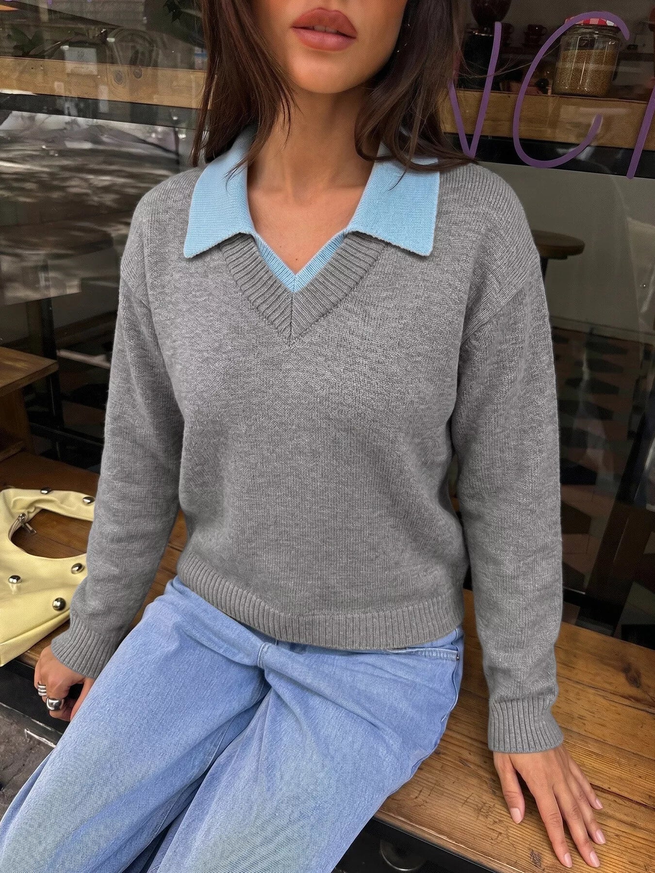 Contrast Collar Dropped Shoulder Sweater