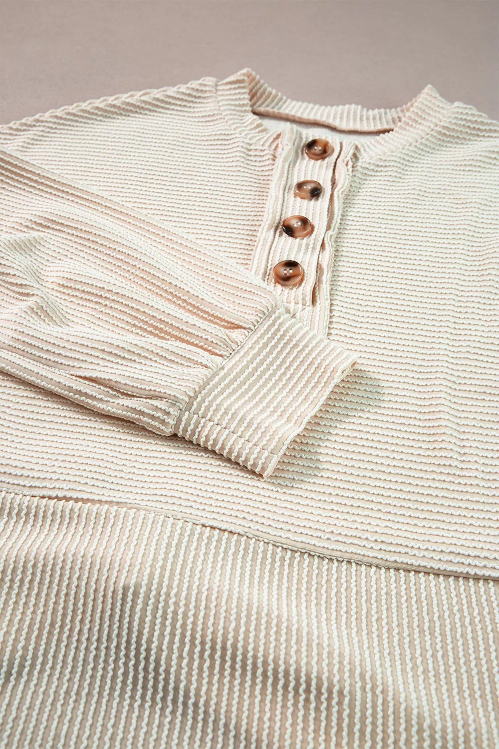 Corded Texture Lantern Sleeve Buttons Henley Sweatsuit