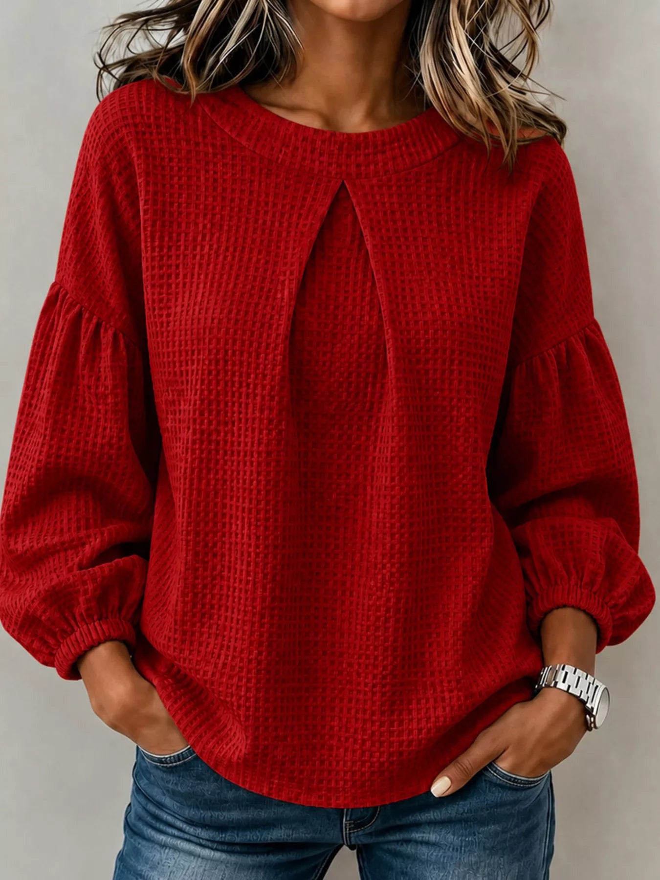 Waffle Knit Round Neck Top