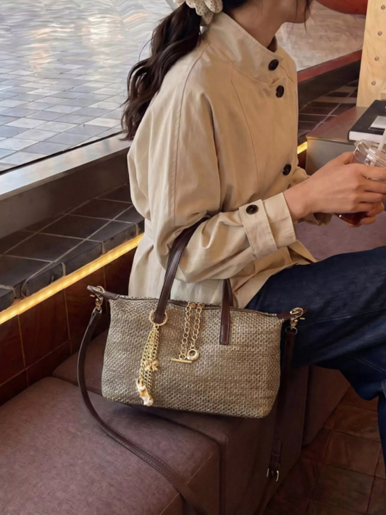 Woven Crossbody Bag with Gold Chain Accents
