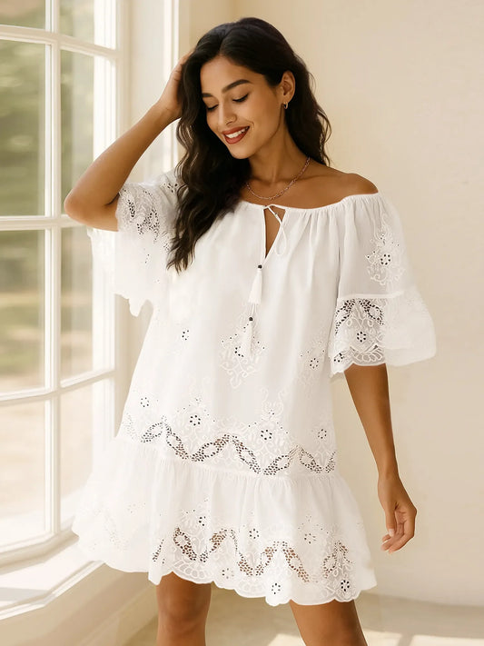 Eyelet Embroidered Tassel Tie Neck Dress