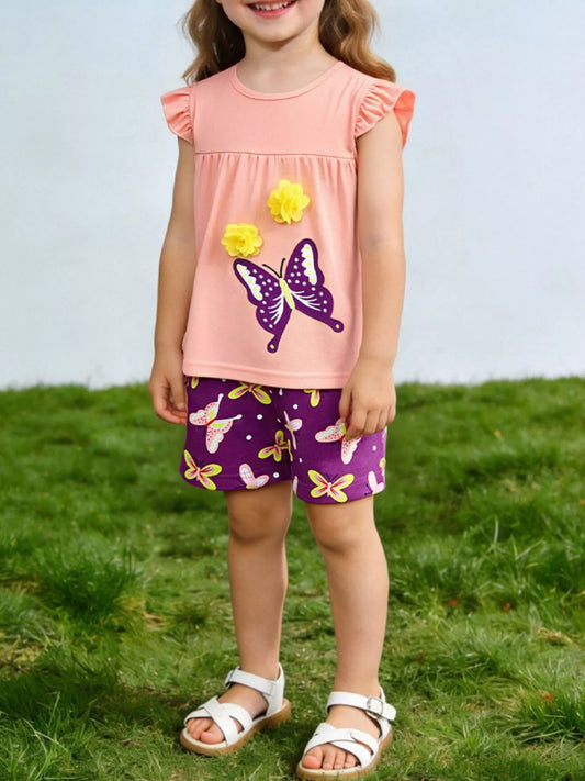 Children's Butterfly Ruffle Sleeve Top & Shorts Set