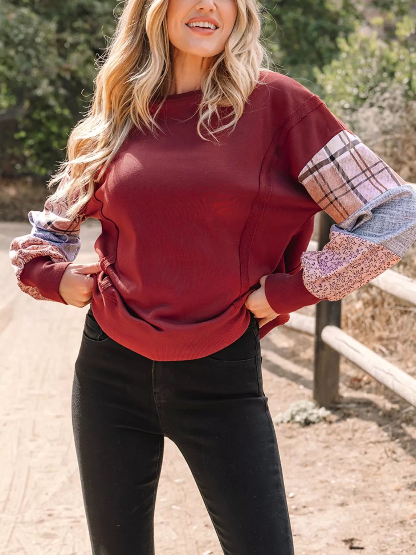 Plaid Colorblock Patchwork Sleeve Raw Seam Sweatshirt