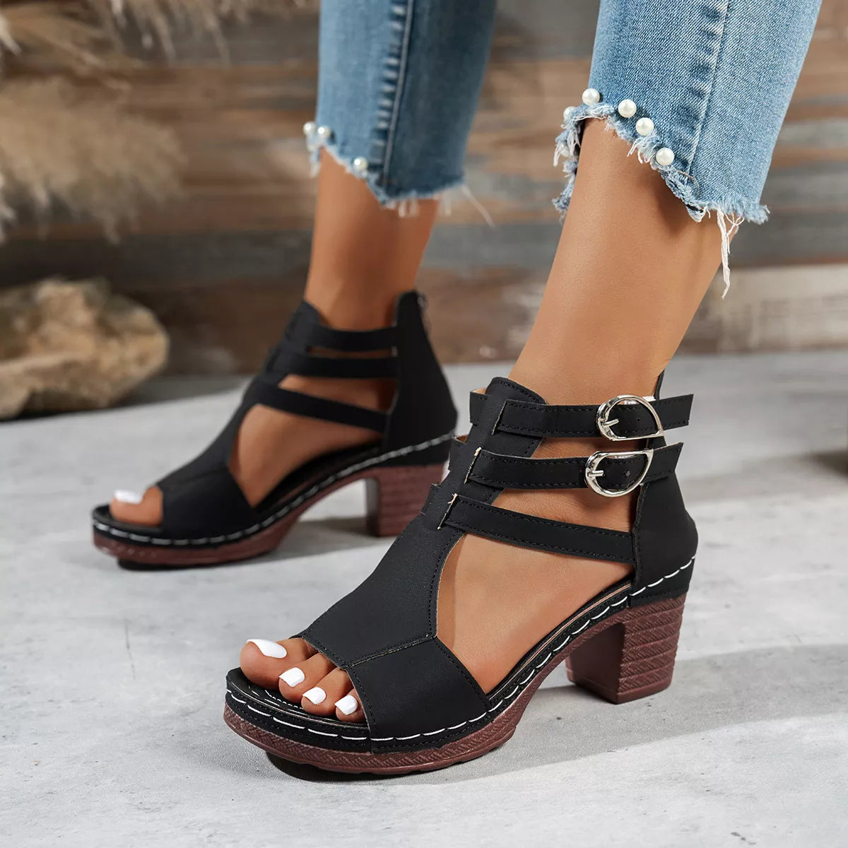 Peep Toe Block Heels Sandals