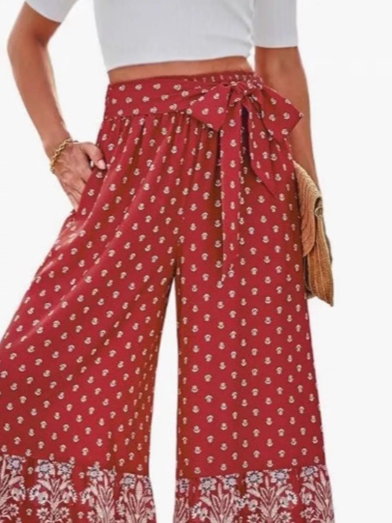 Full Size Tie Waist Wide-Leg Printed Pants Plus Size