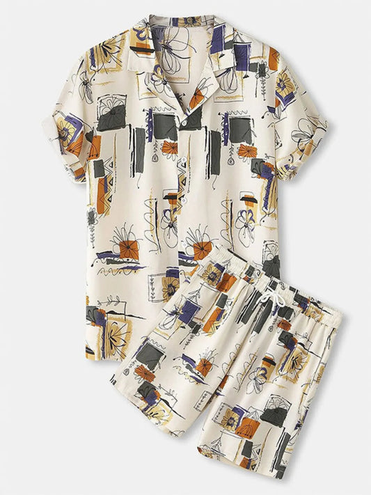 Men's Full Size Printed Button Up Shirt and Shorts Set Plus Size