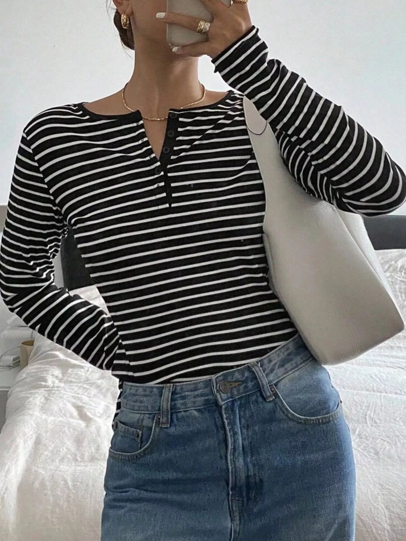Long Sleeve Striped Henley T-Shirt