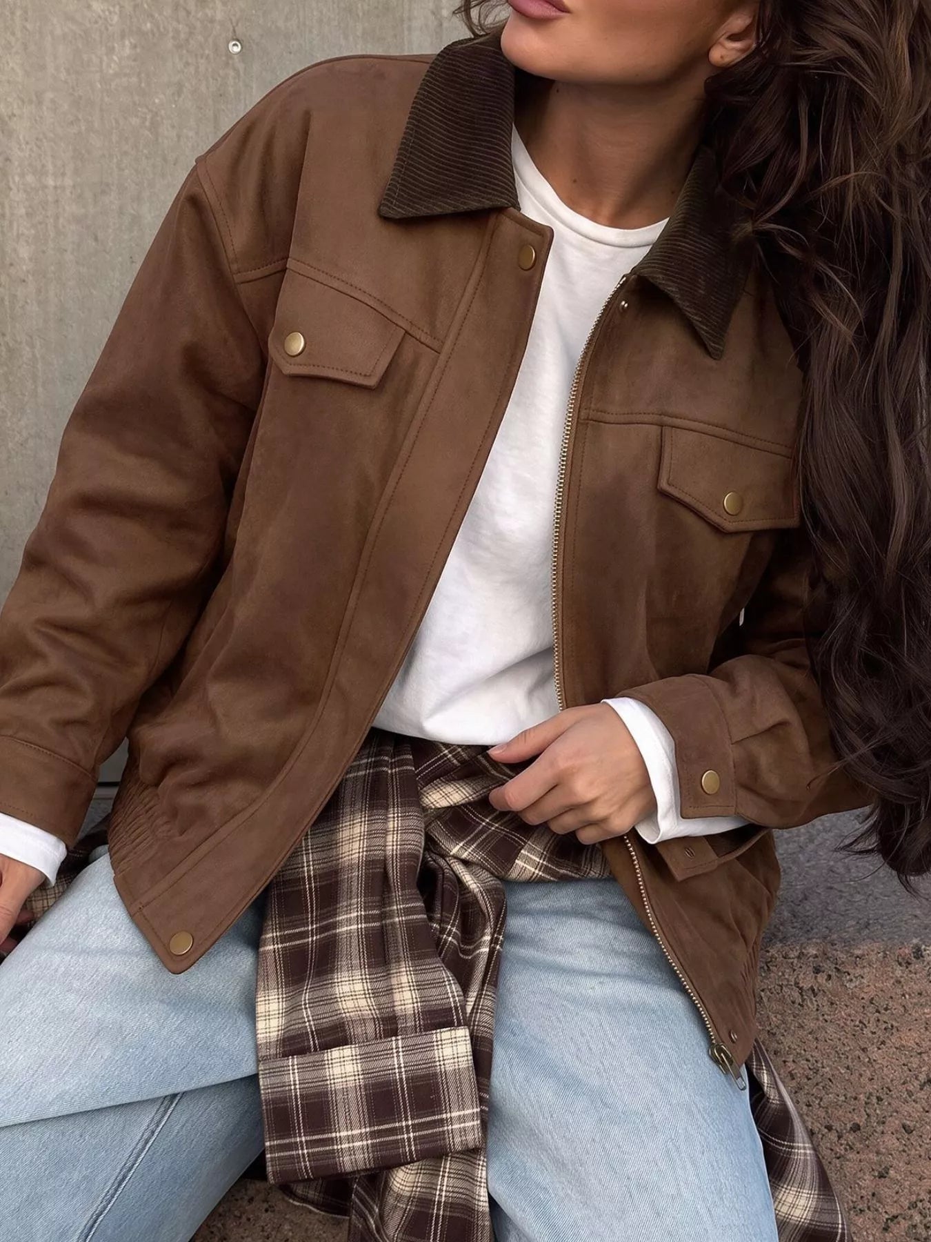 Corduroy Collar Zip-Up Jacket