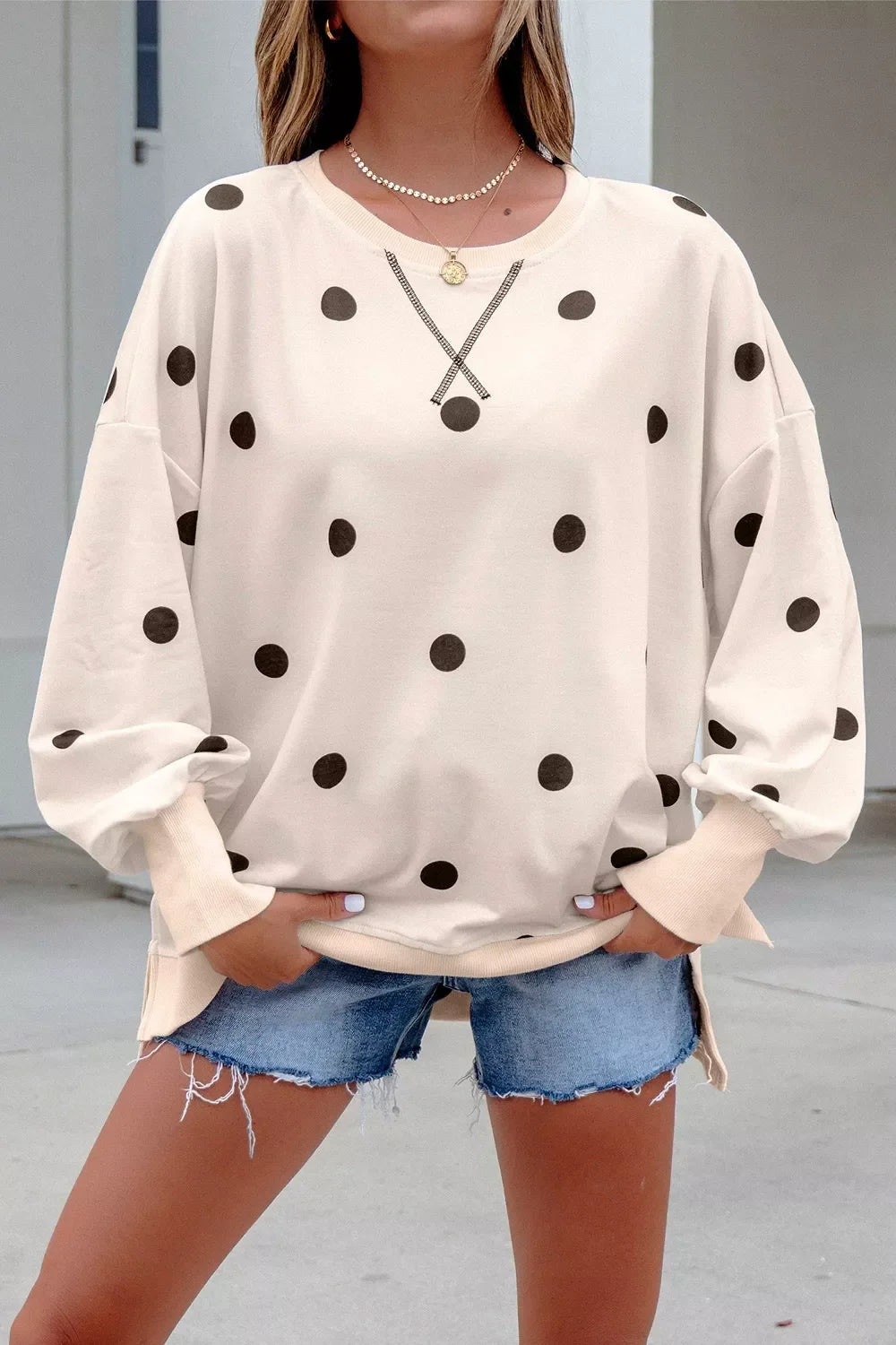 Loose-fit Long Sleeve Round Neck Polka Dot Tunic Sweatshirt