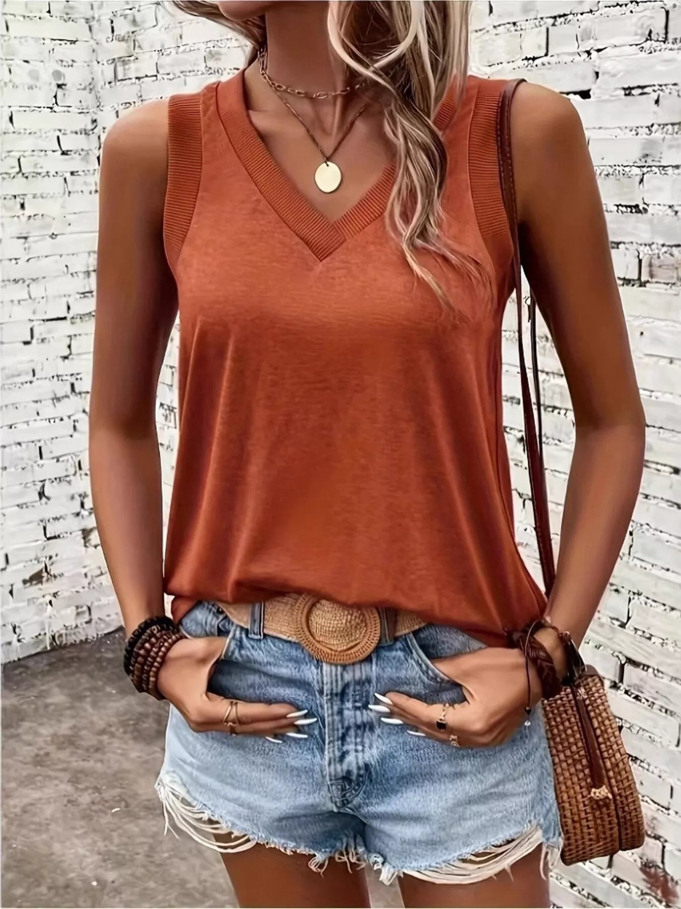 V-Neck Ribbed Trim Tank