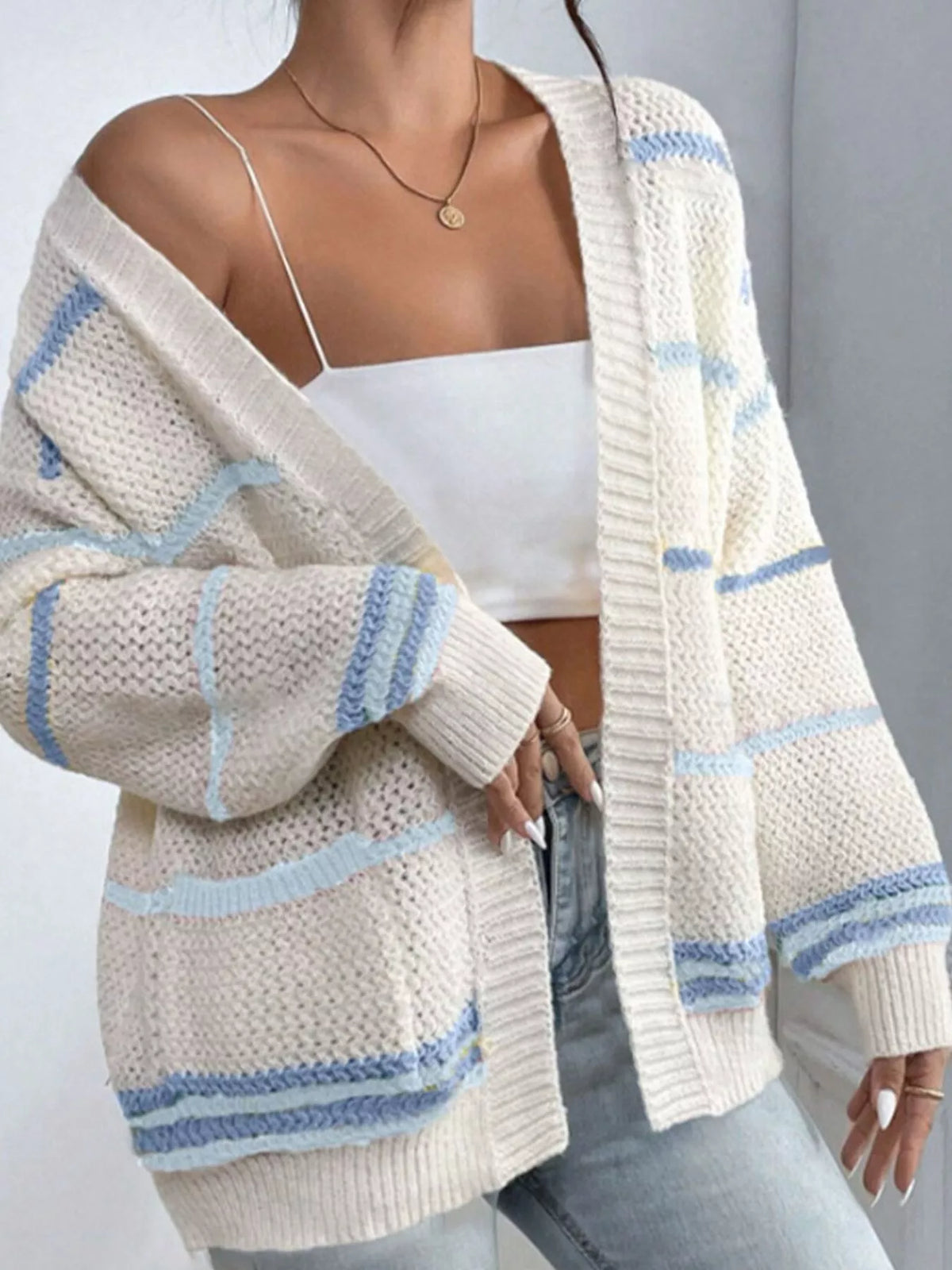 Striped Open Front Knit Cardigan