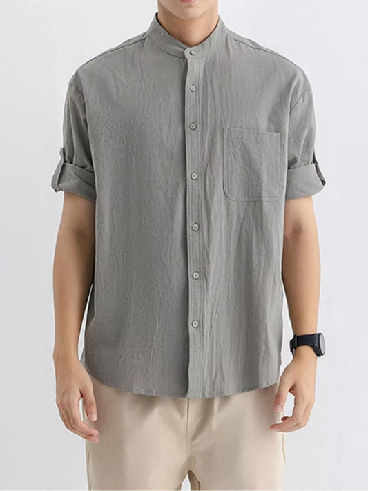 Men's Plus Size Casual Button Up Roll Up Sleeve Shirt