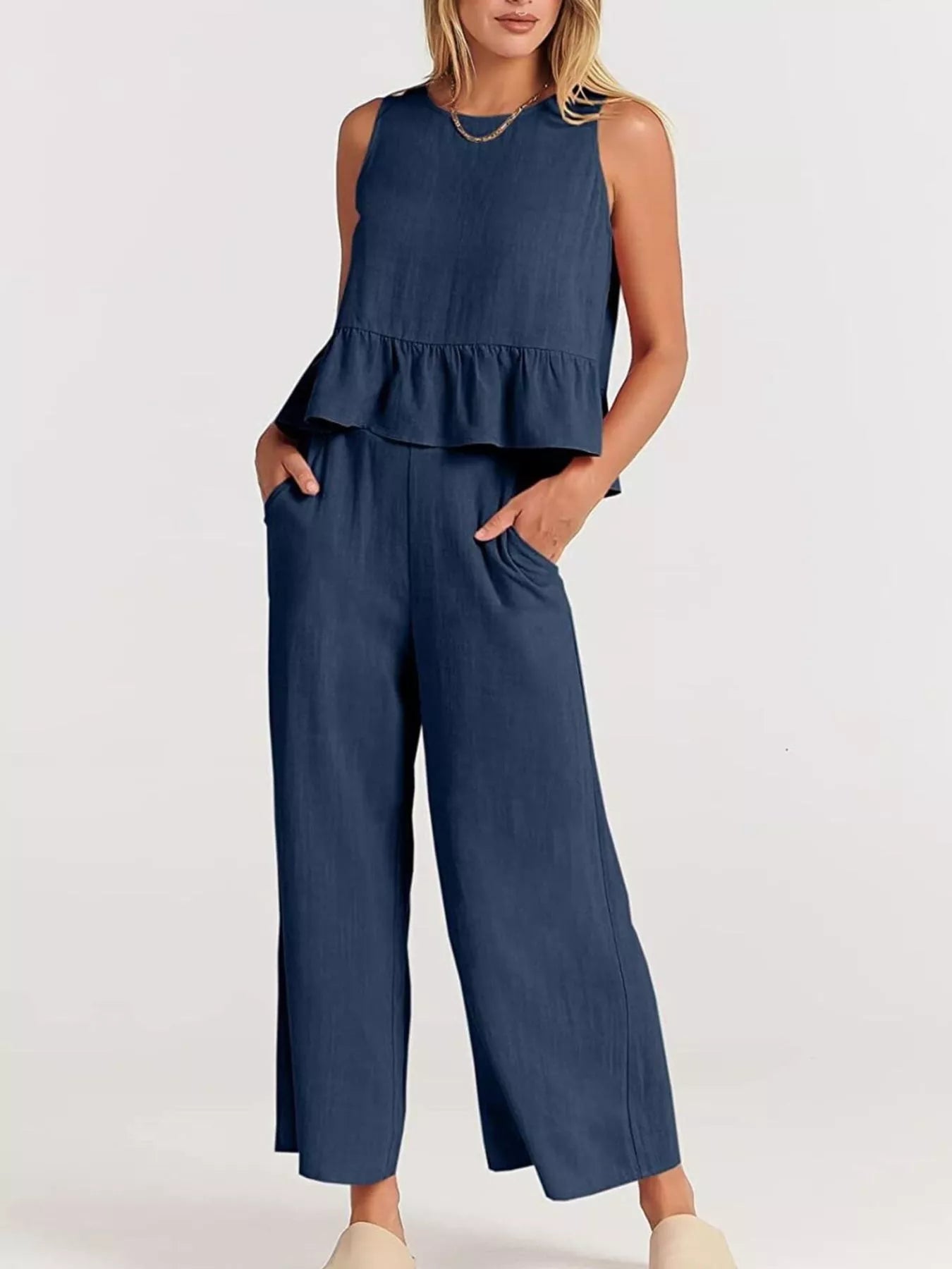 Full Size Ruffled Hem Sleeveless Top and Wide-Leg Pants Set Plus Size