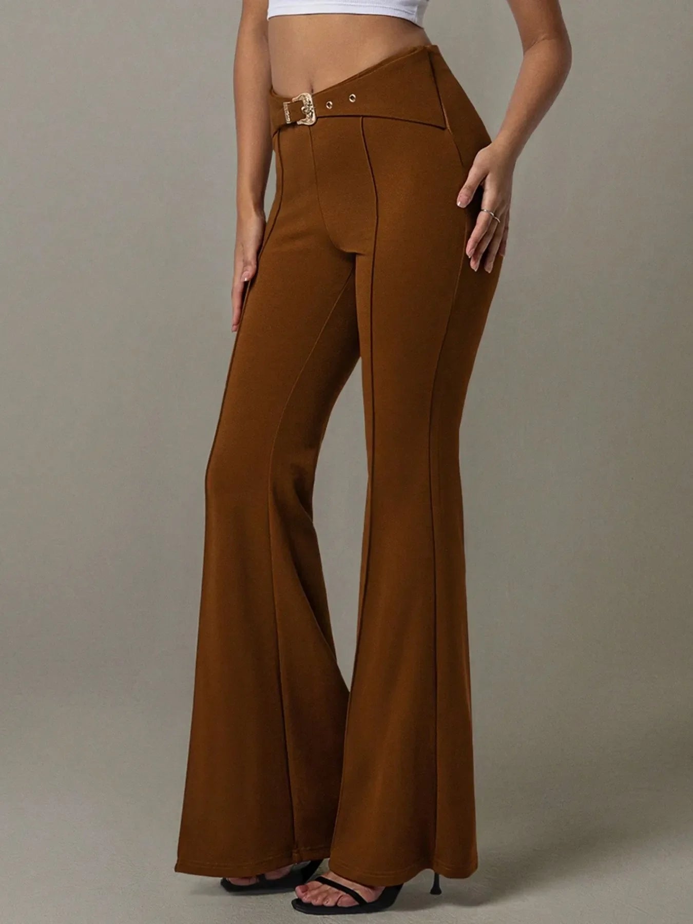 High Waist Flare Pants with Buckle Belt