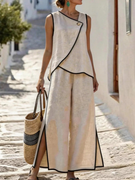 Contrast Trim Top and Slit Pants Set