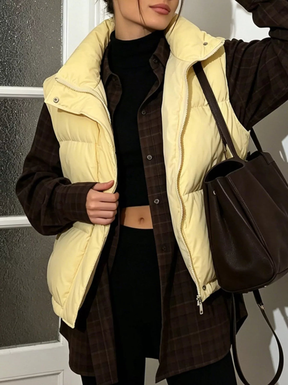 Snap-Button Placket Quilted Puffer Vest Coat