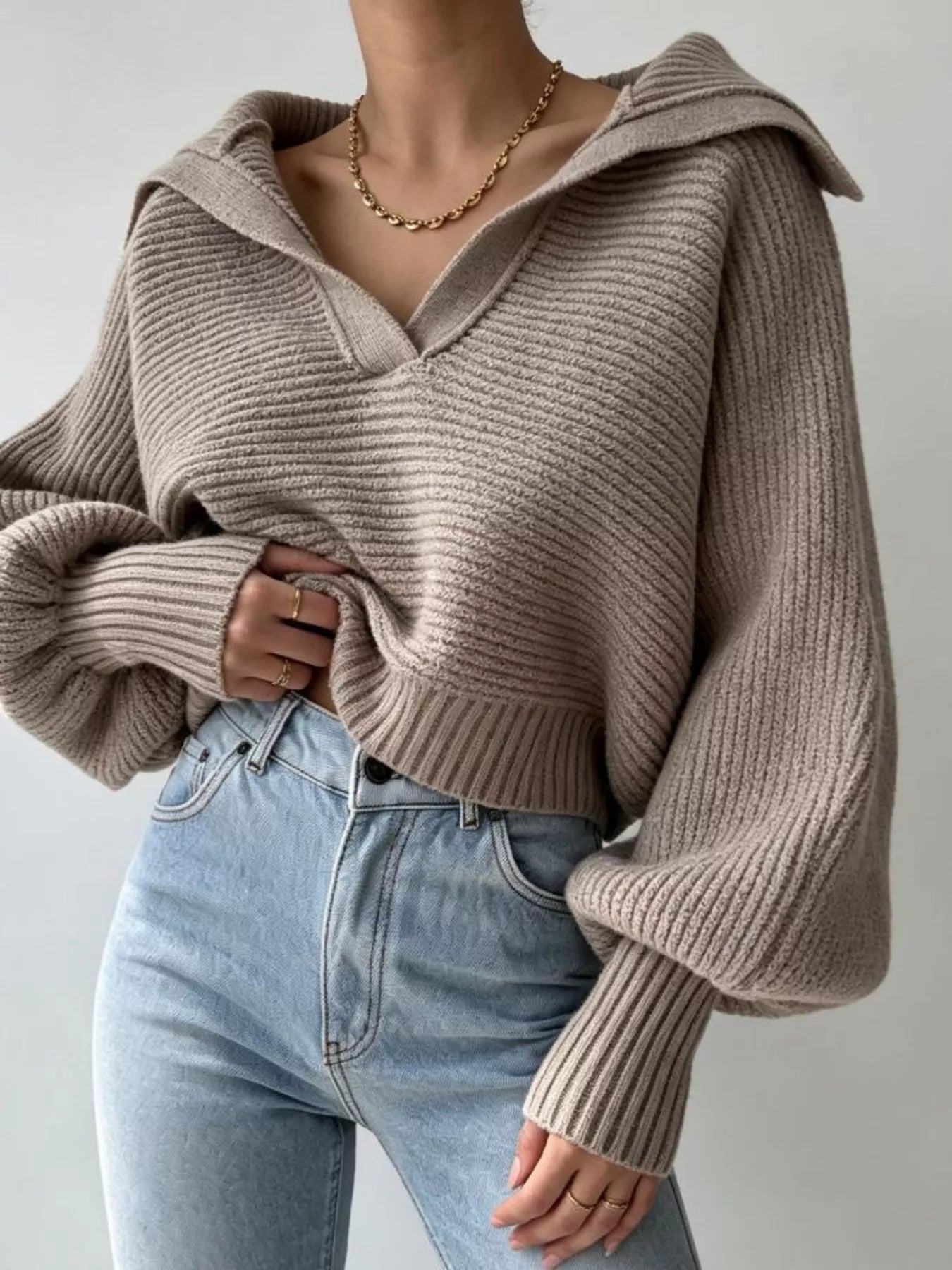 Oversized Collar Ribbed Cropped Sweater