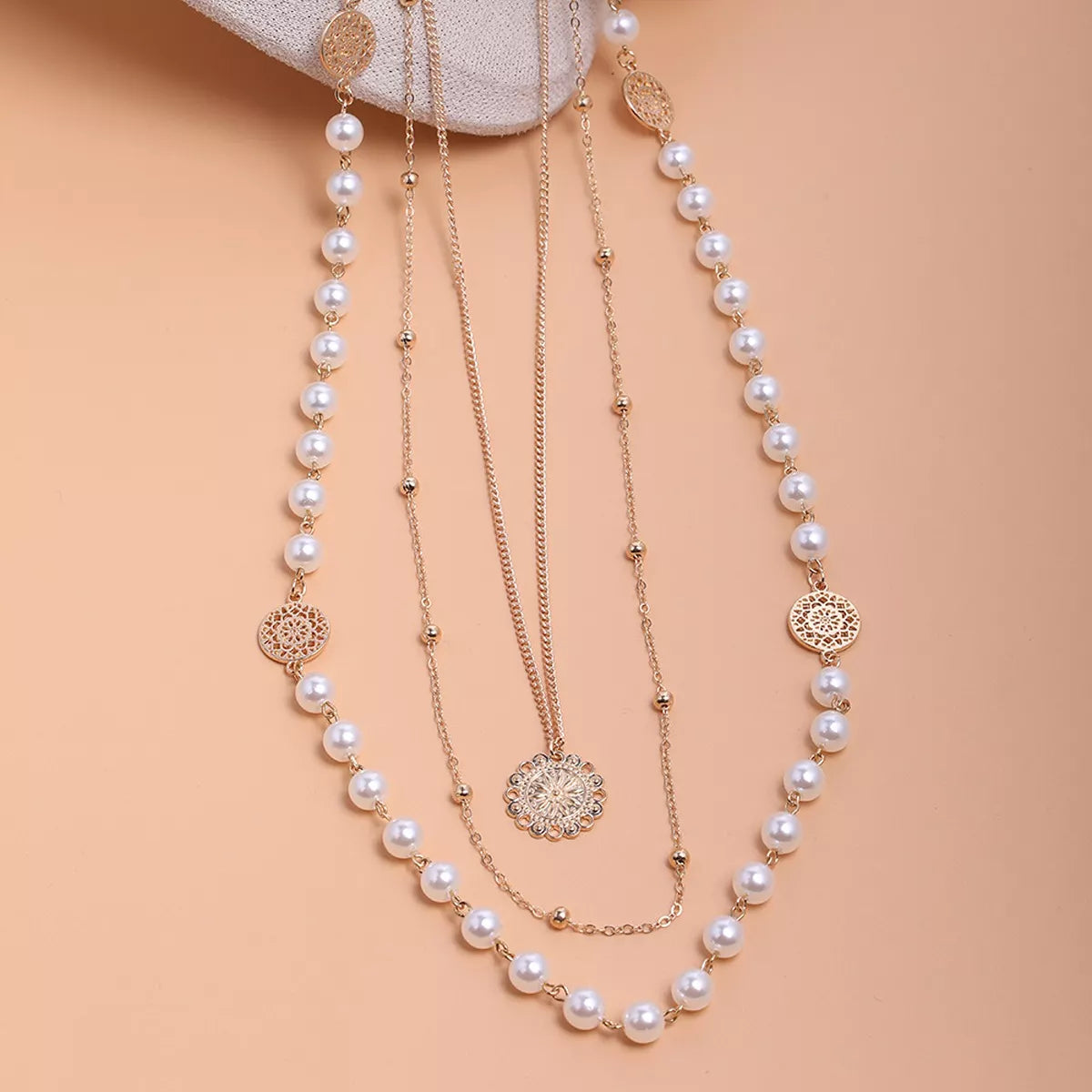 Multi-Layered Pearl and Coin Pendant Necklace