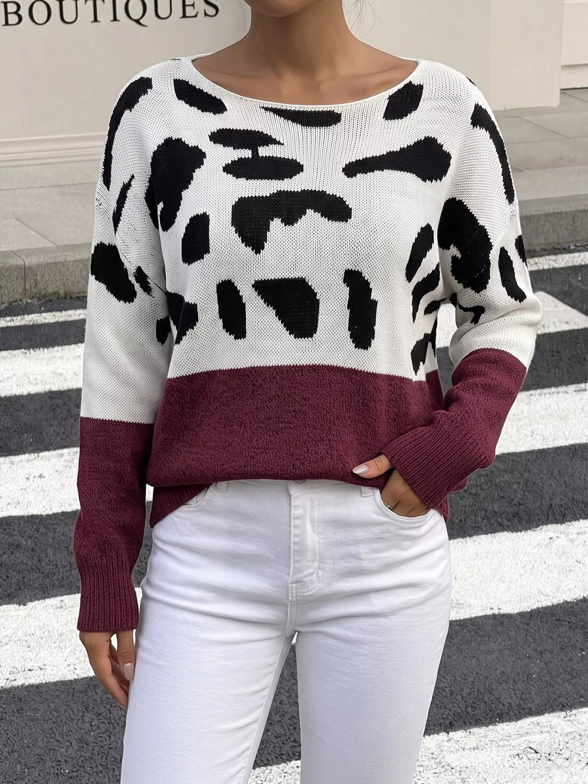 Full Size Off-Shoulder Colorblock Animal Print Sweater Plus Size