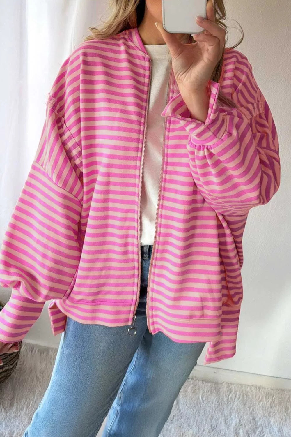 Stripe Striped Zip-up Open Front Loose Fit Regular Length Hoodie