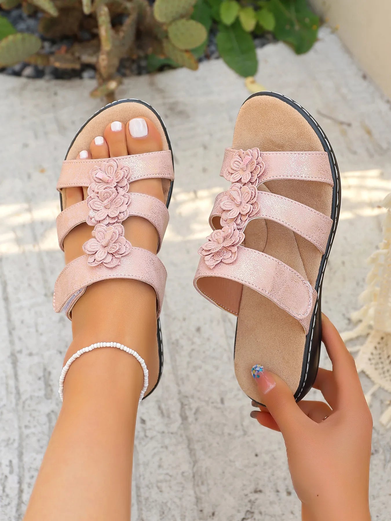 Flower Multi-Strap Flat Sandals