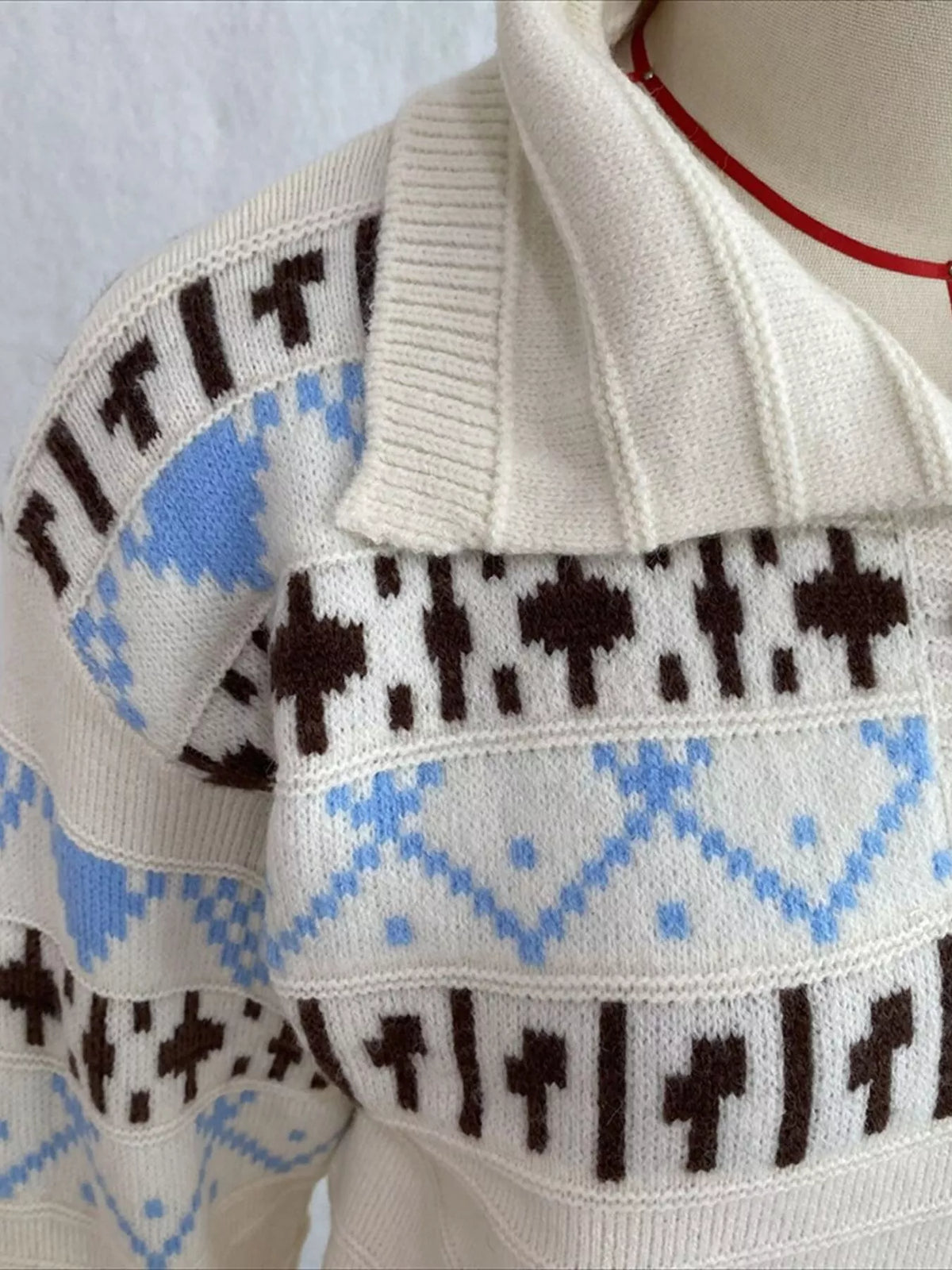 Vintage-Inspired Fair Isle Patterned Polo Sweater