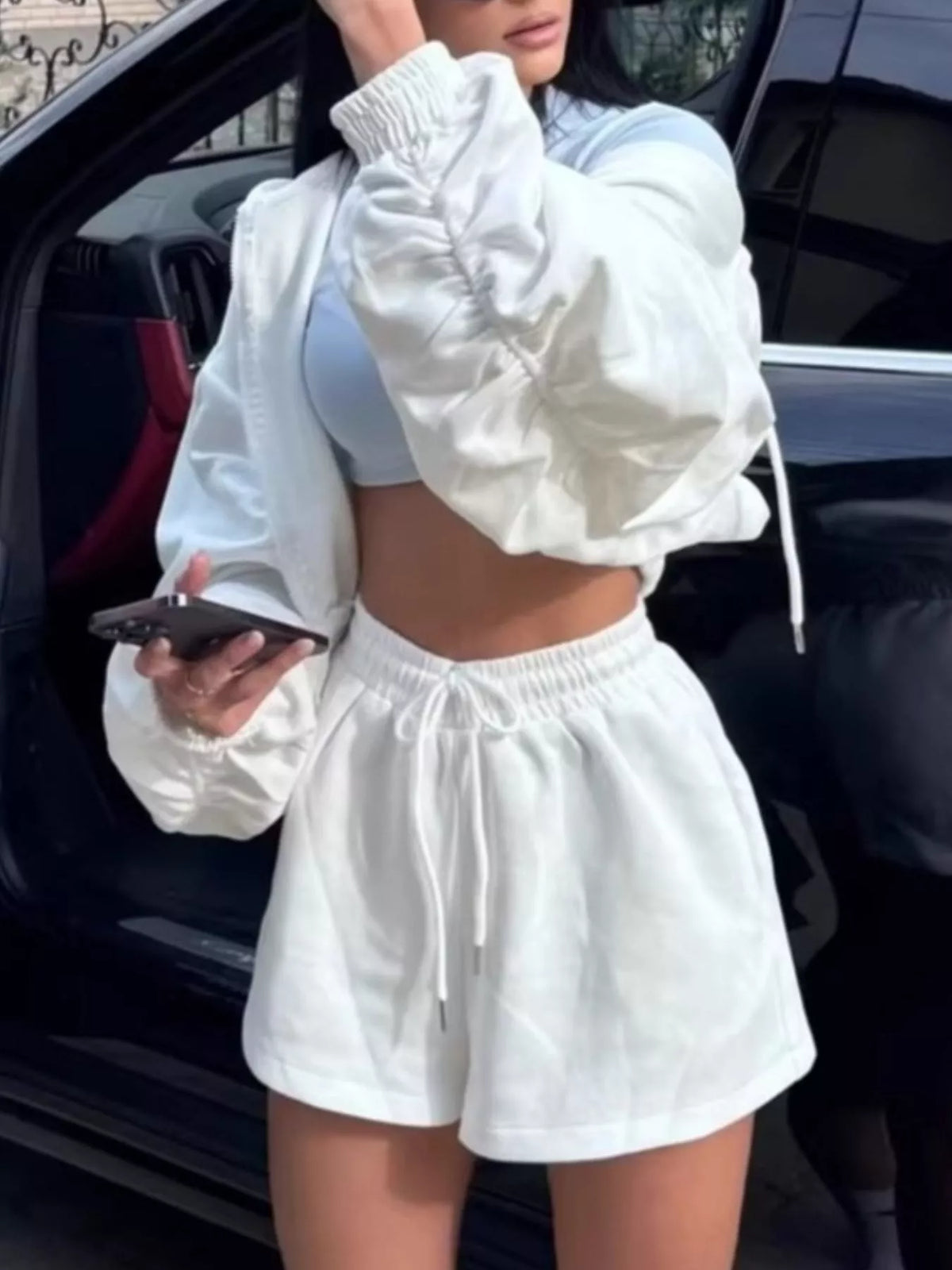 Zip-Up Jacket and High-Waisted Drawstring Shorts Set