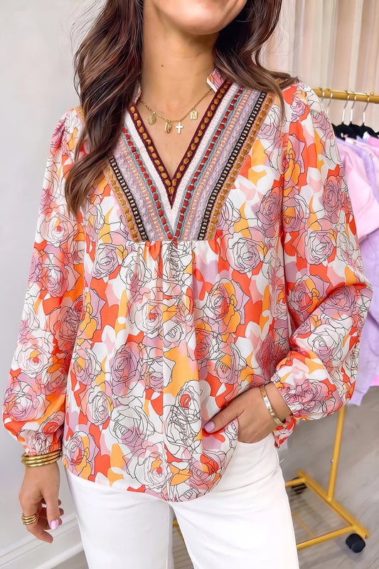 Floral Print V Neck Long Sleeve Shift Blouse
