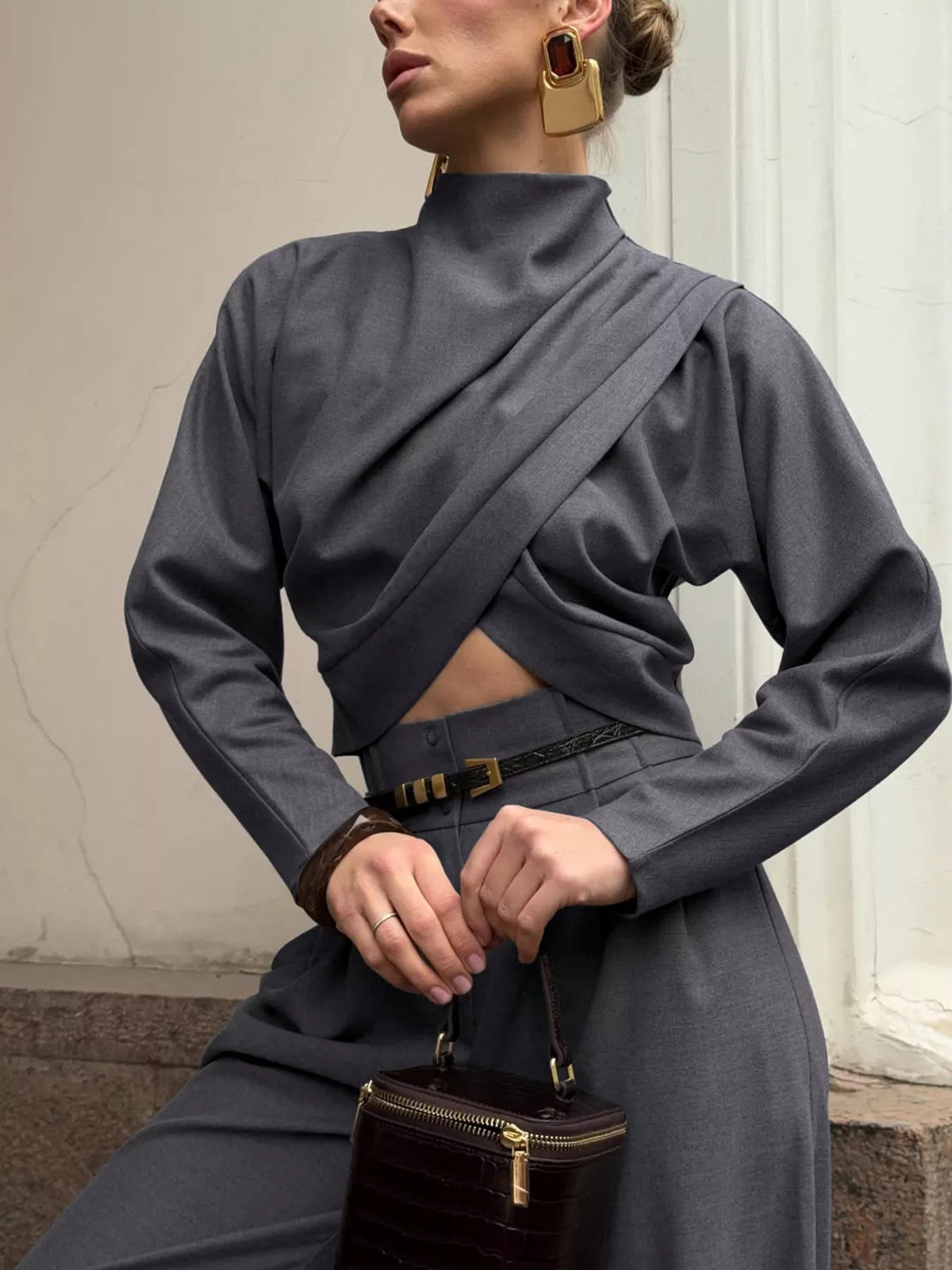 Draped Crop Top and Wide-Leg Pants Set