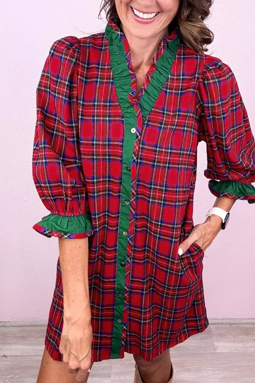 Plaid Ruffle Cuff Button Front Pocket Mini Dress