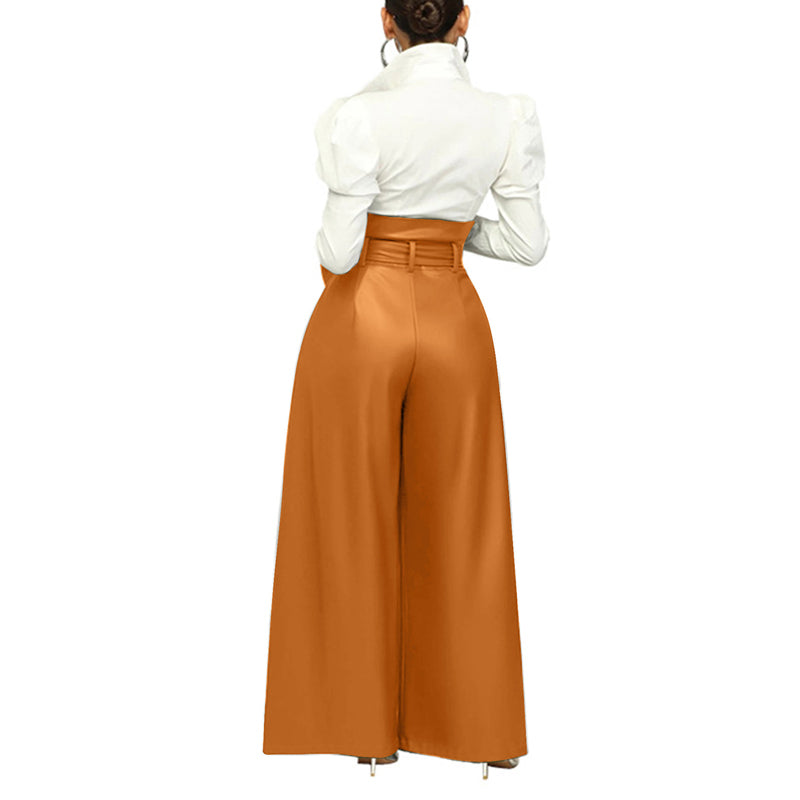 Women's Fashion High-Waisted PU Wide-Leg Pants, Solid Color Metal Belt Detail Trousers With Pockets (See size chart where applicable)