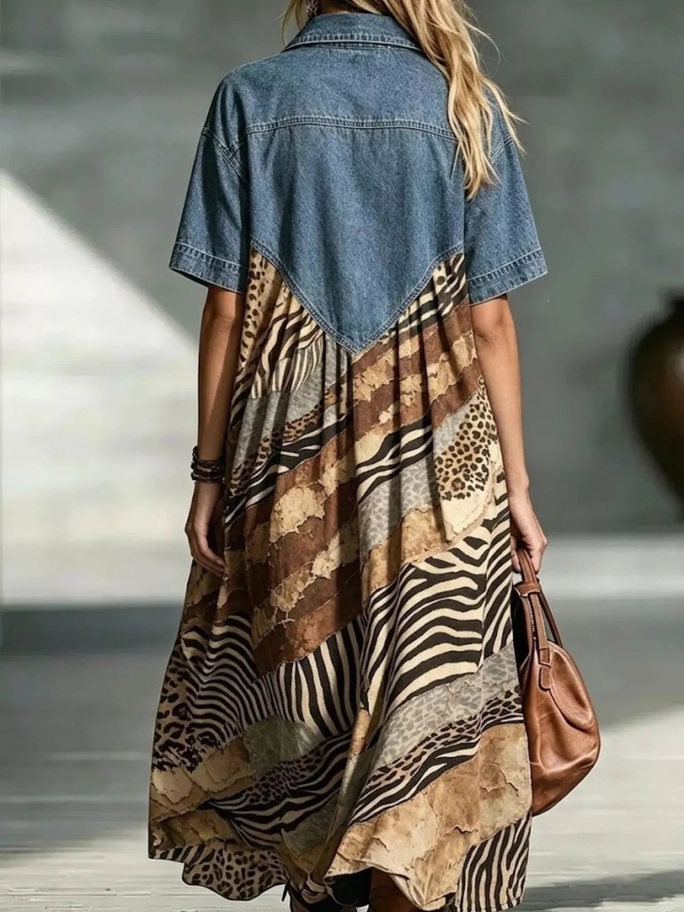 Full Size Denim Patchwork Printed Shirt Dress Plus Size