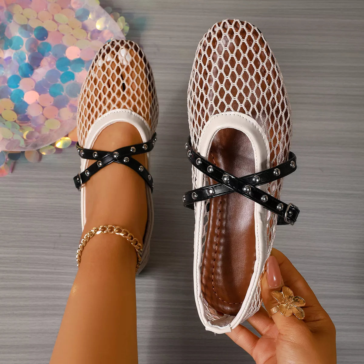Hollow-Out Studded Slip-Ons