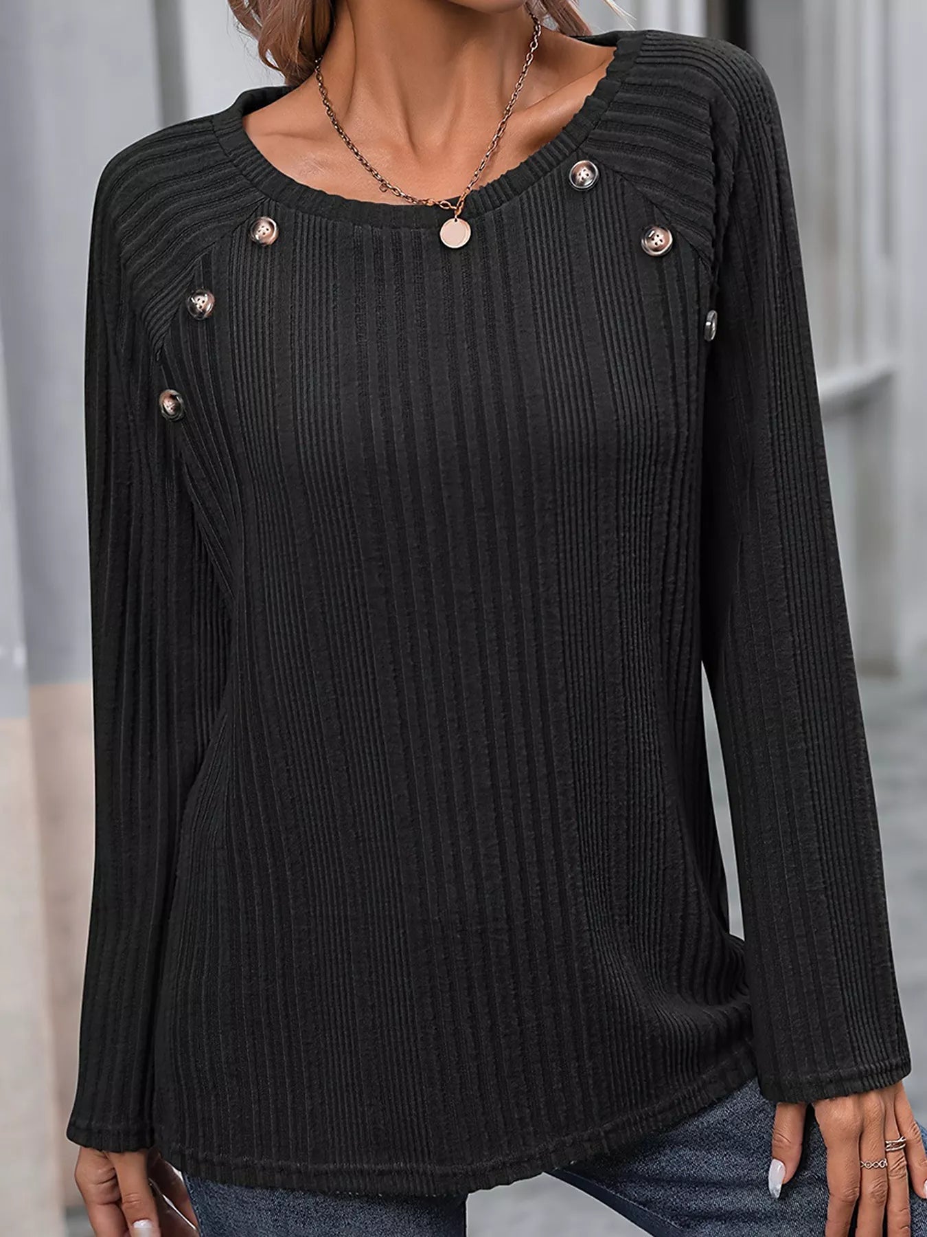 Ribbed Long Sleeve T-Shirt with Button Detail