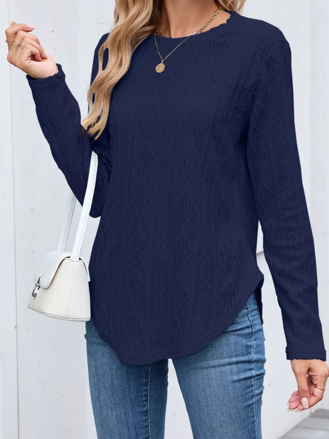 Textured Diamond Knit Long Sleeve T-Shirt