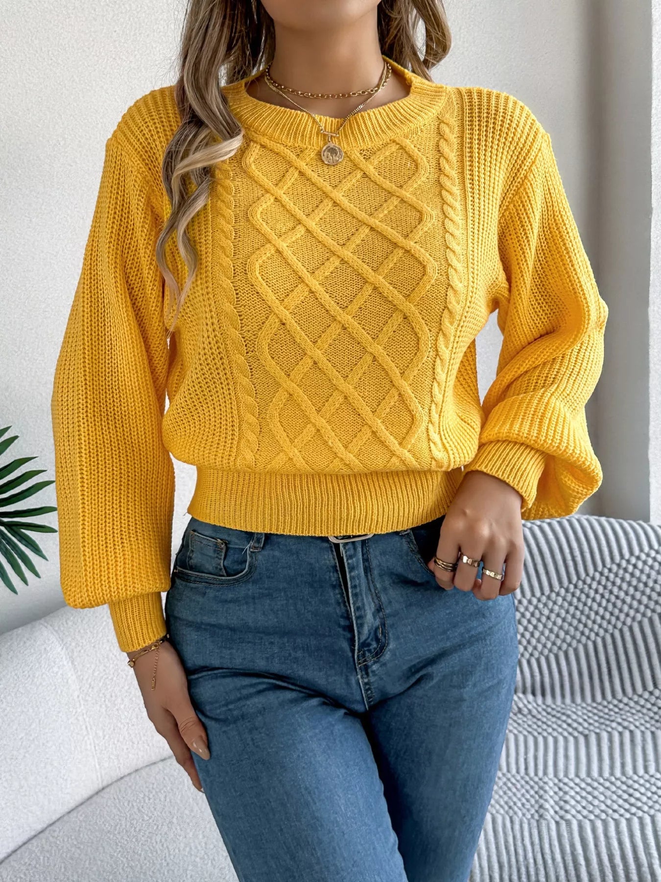 Cable Knit Diamond Pattern Long Sleeve Sweater