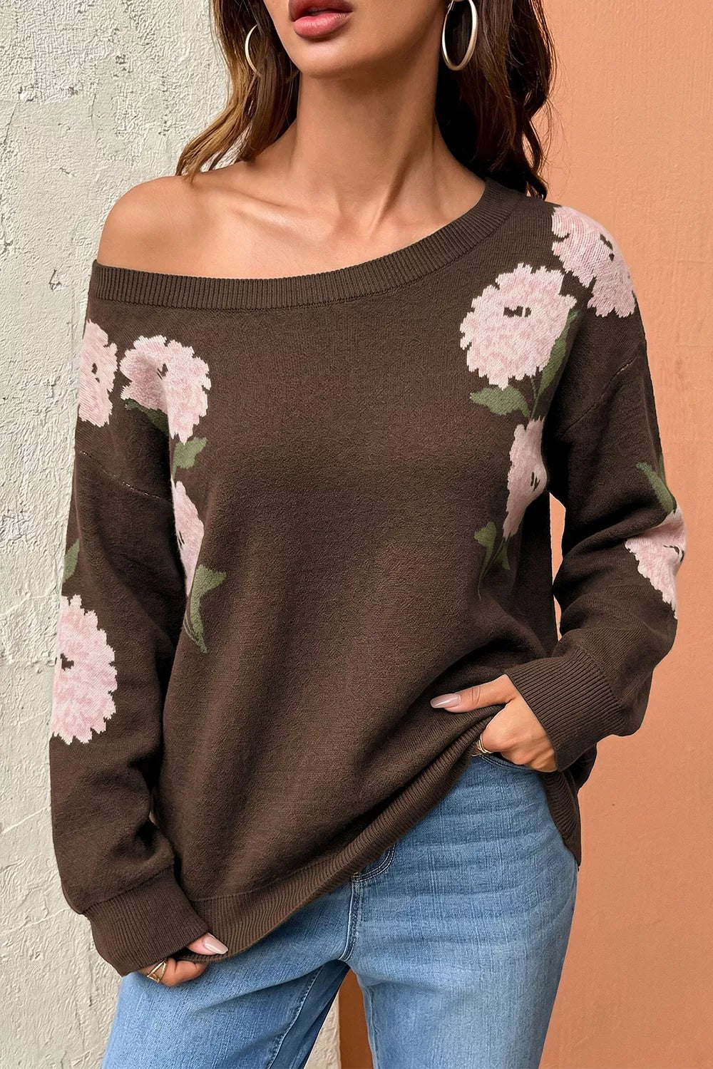 Floral Print Drop Shoulder Relaxed Sweater