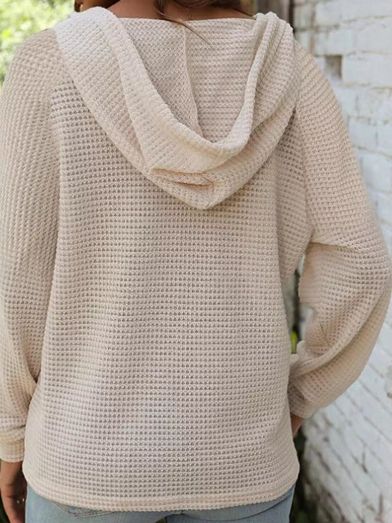 Waffle Knit Hooded Top with Drawstring