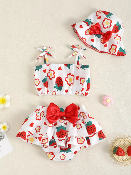 Children's Strawberry Print Cami and Skort Set with Hat